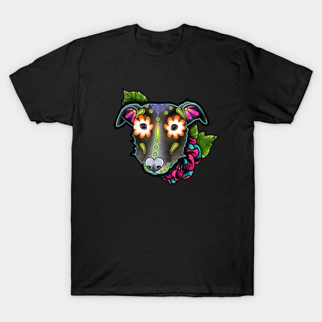 Wirehaired Terrier Mix - Day of the Dead Sugar Skull Dog T-Shirt by prettyinink